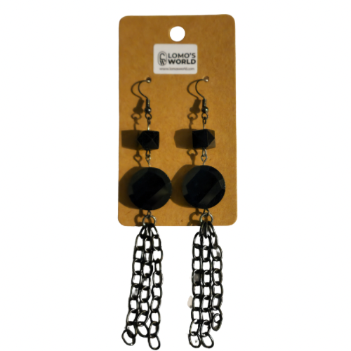 Black Faceted Teardrop Chain Earrings