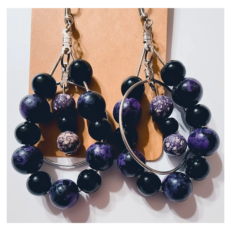 Elegant Purple Marble Beaded Hoop Earrings w Silver Hook Earwires, Pierced
