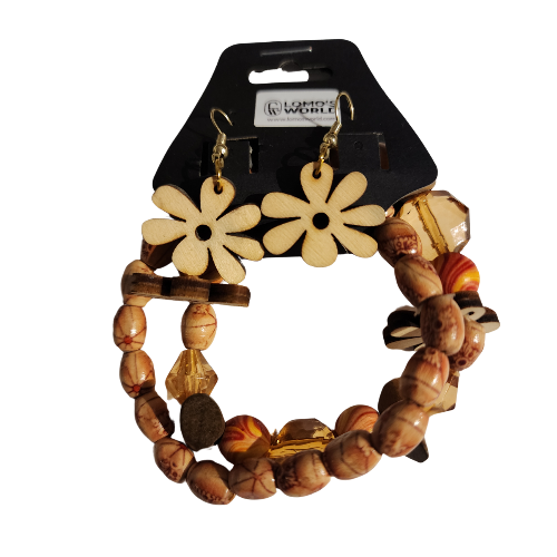 Wooden Daisy Earrings and Earthy Beaded Bracelet Set