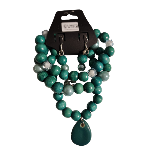 Teal Beaded Bracelet and Earrings Set with Pendant