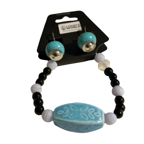 Turquoise & Black Beaded Bracelet and Earrings Set