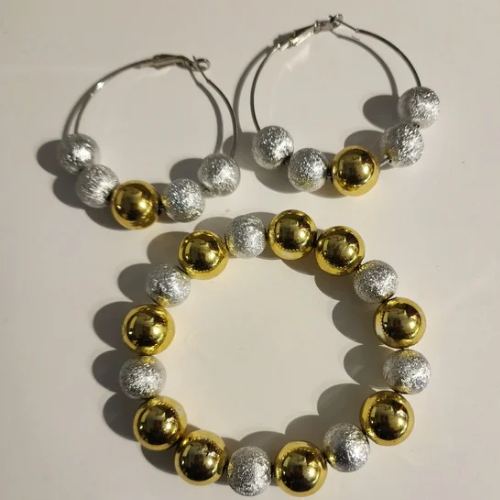 Gold and Silver Metallic Beaded Hoop Earrings and Bracelet Set