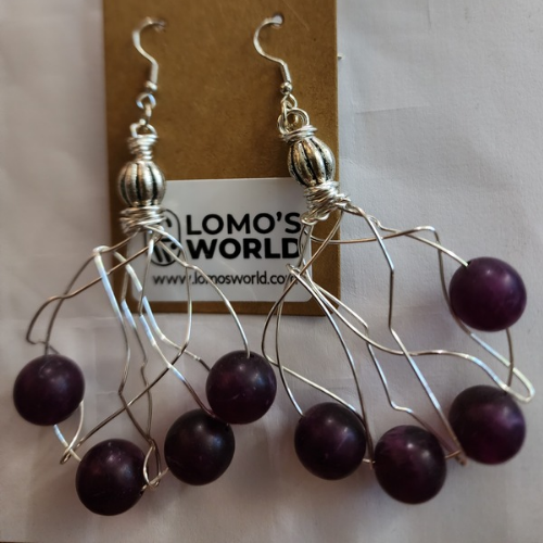 Purple Bead Wire-Wrapped Statement Earrings