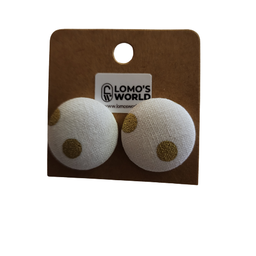 White and Gold Polka Dot Fabric Button Earrings