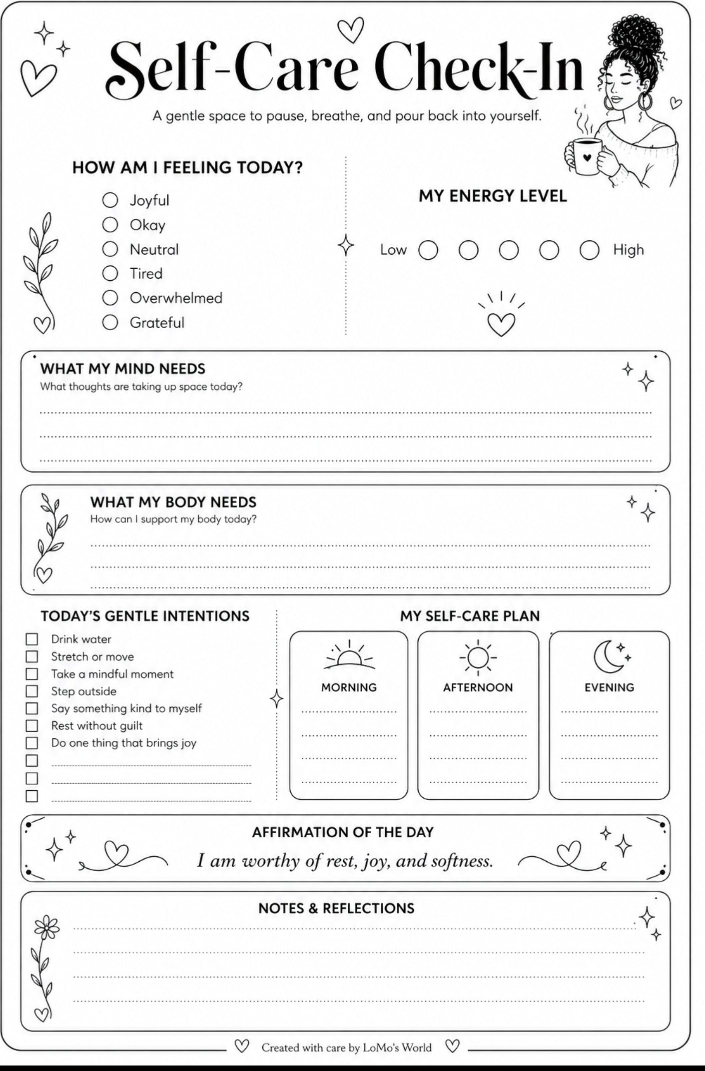 ✨ Self-Care Check-In Printable Planner Page