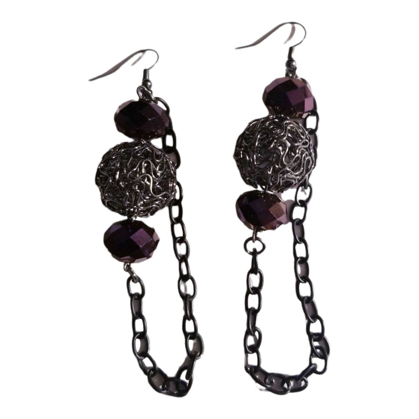 Women's Fashion Earrings Purple and Graphite Dangle with Chain Accent