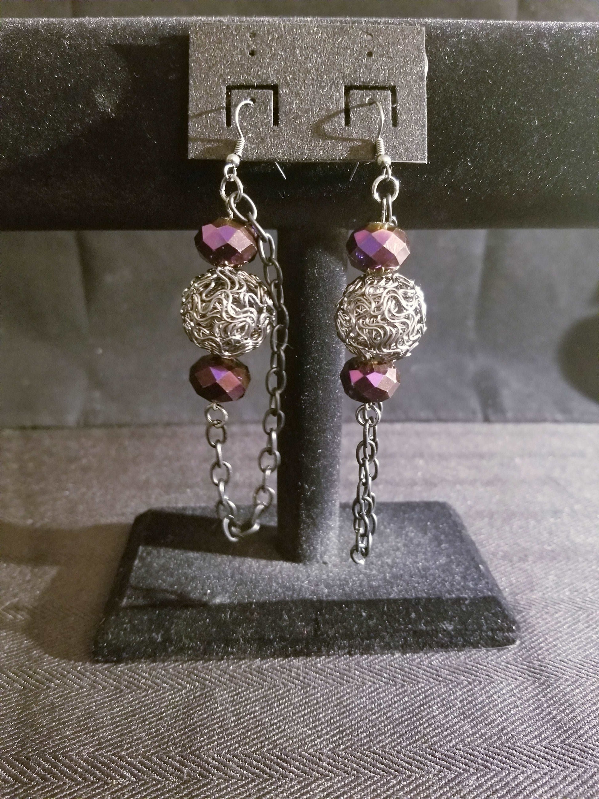 Women's Fashion Earrings Purple and Graphite Dangle with Chain Accent
