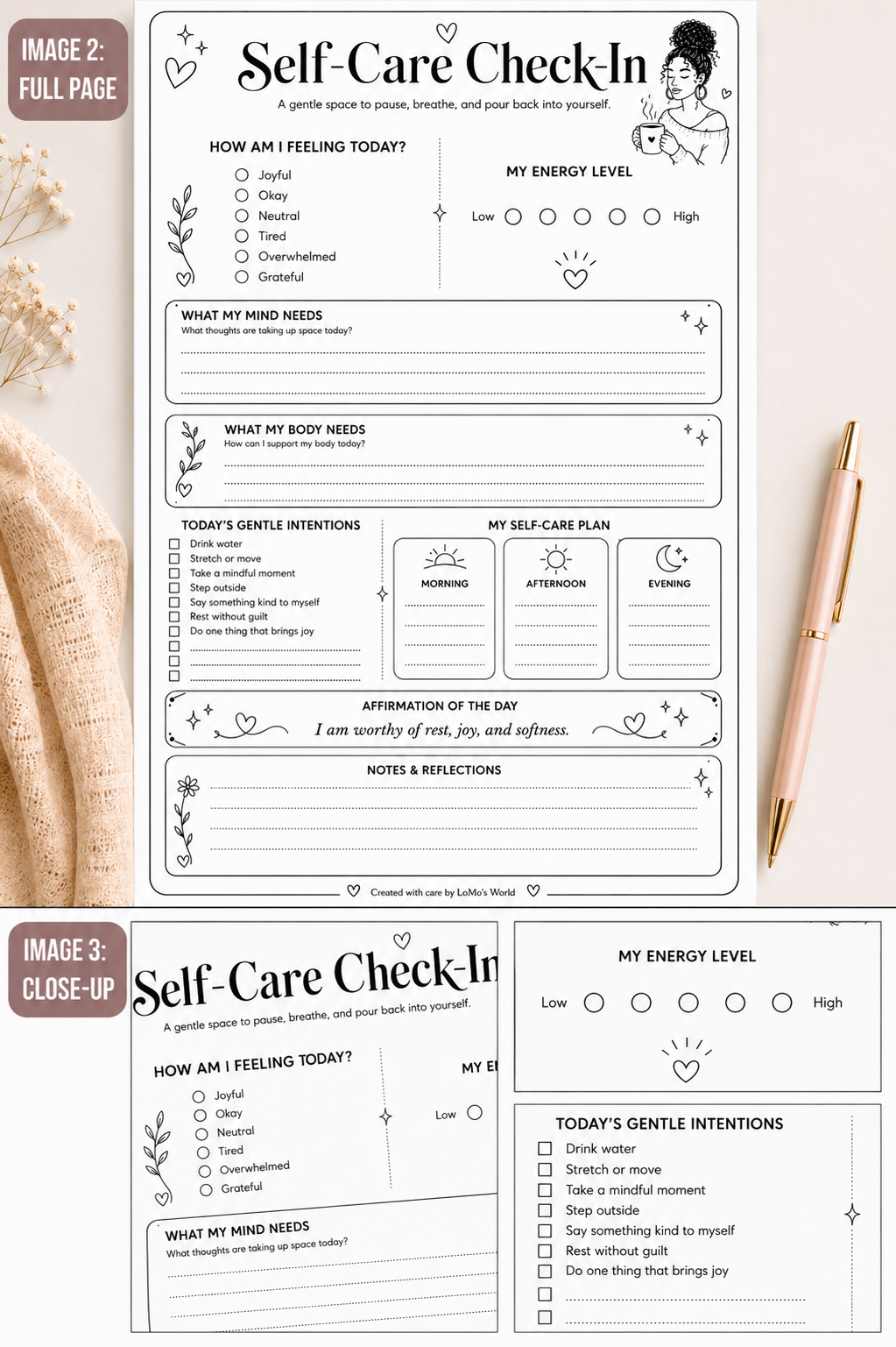 ✨ Self-Care Check-In Printable Planner Page