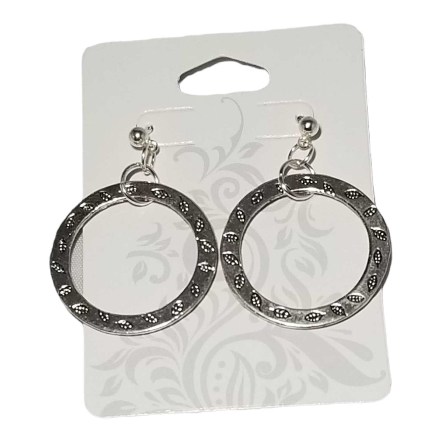 Women's Silver Hoop Earrings With Engraved Floral Print