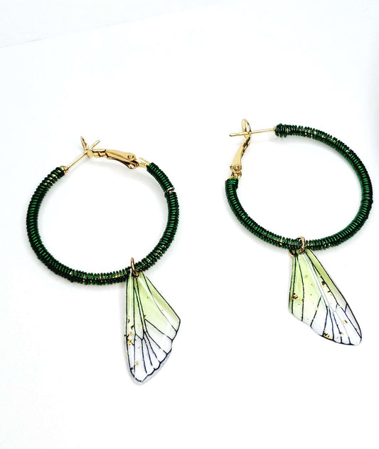 Wire Wrapped 18k Gold Plated Hoops, Green Butterfly Wings