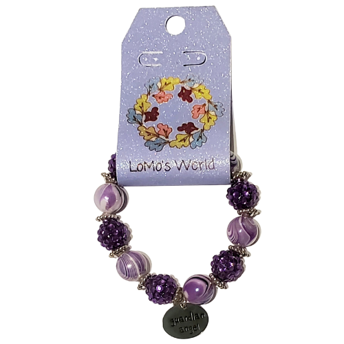 Purple Rhinestone Bead and Candy Striped Stretch Bracelet, Guardian Angel Charm