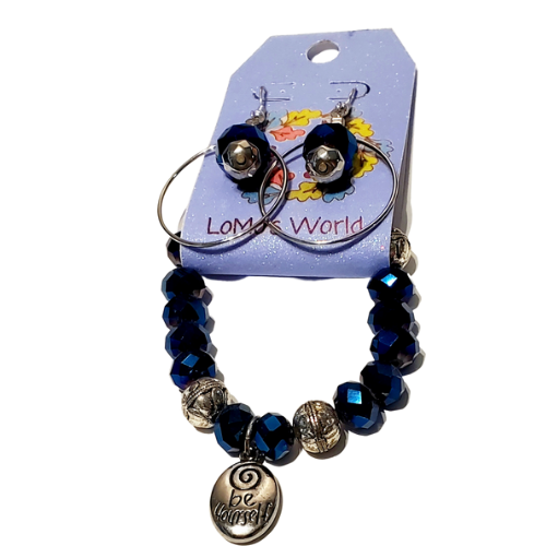 Be Yourself - Navy Blue Celestial Crystal Glass Bead Stretch Bracelet and Earring Set