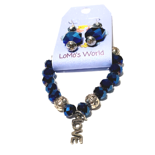 Love - Navy Blue  Celestial Crystal Glass Bead Stretch Braceletand Earring Set
