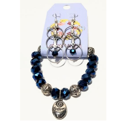 Follow Your Heart - Navy Blue Celestial Crystal Glass Bead Stretch Bracelet and Earring Set