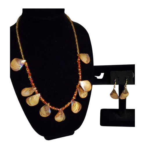 Amber Dyed Shell Teardrop and Glass Bead Necklace & Earring Set