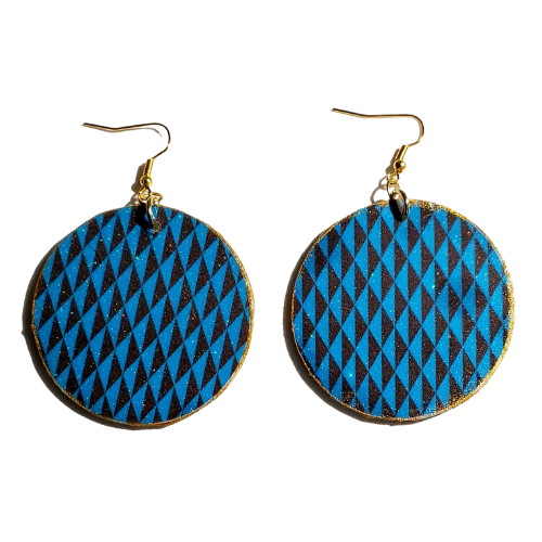 Blue and Gold Geometric 2" Round Wooden Earrings