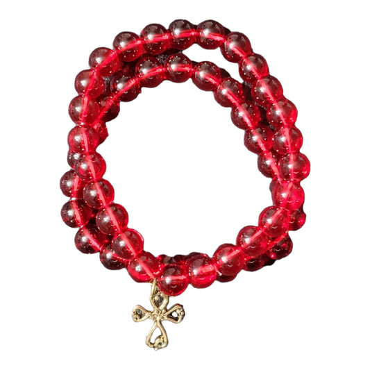 2 Red Glass Bead Bracelets with Golden Cross Charm
