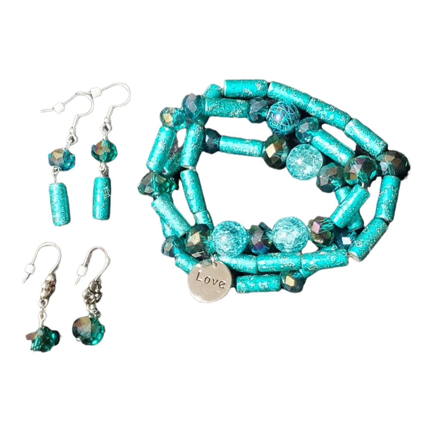 5 Piece Bracelet and Earrings Set, Aqua Blue