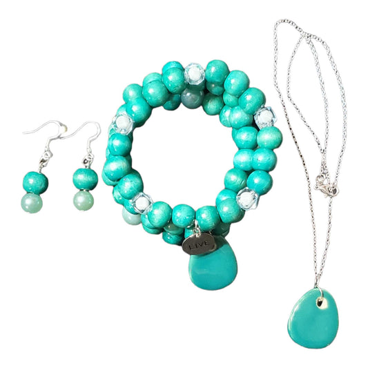 5 Piece Turquoise Wooden Bead Jewelry Set