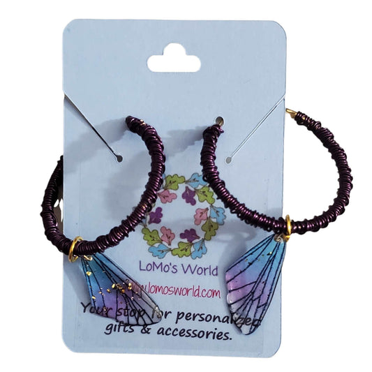 Wire Wrapped 18k Gold Plated Hoops, Purple Butterfly Wings