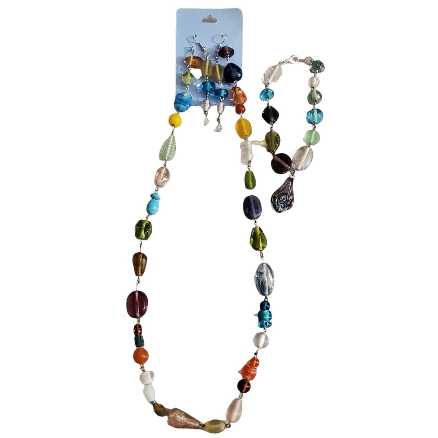 Multi-Color Glass Bead Necklace, Bracelet, & Earring 3 Piece Set